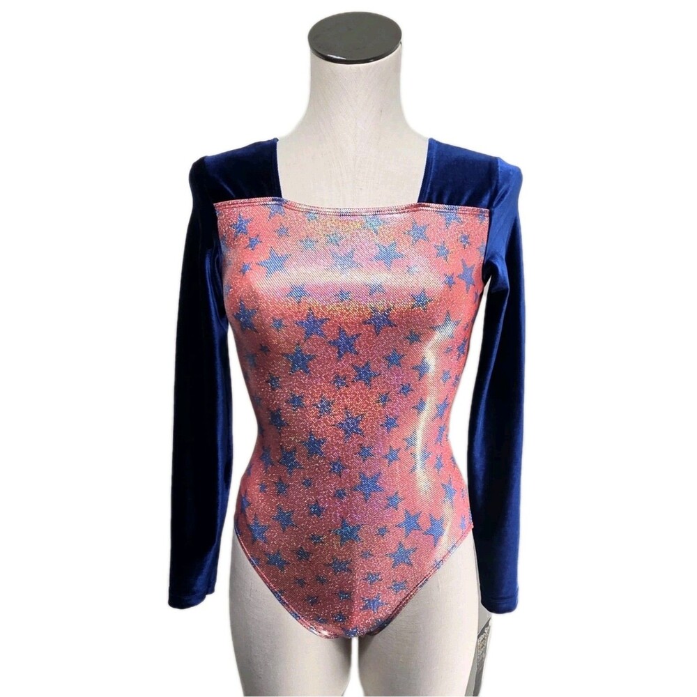 GK Elite VTG Shimmering Patriotic Holographic LS Velvet Leotard Red Blue Size AM - Picture 3 of 16